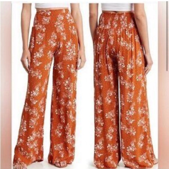 Three Dots Women’s Rust Floral Wide Leg Palazzo Pants XXL Smocked Waist Boho - Picture 1 of 7